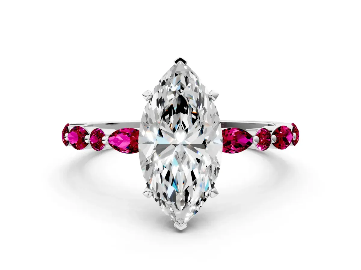 Marquise Cut Diamond Ring with Marquise and Round Garnet Side Stones and Four-Prong Setting White gold