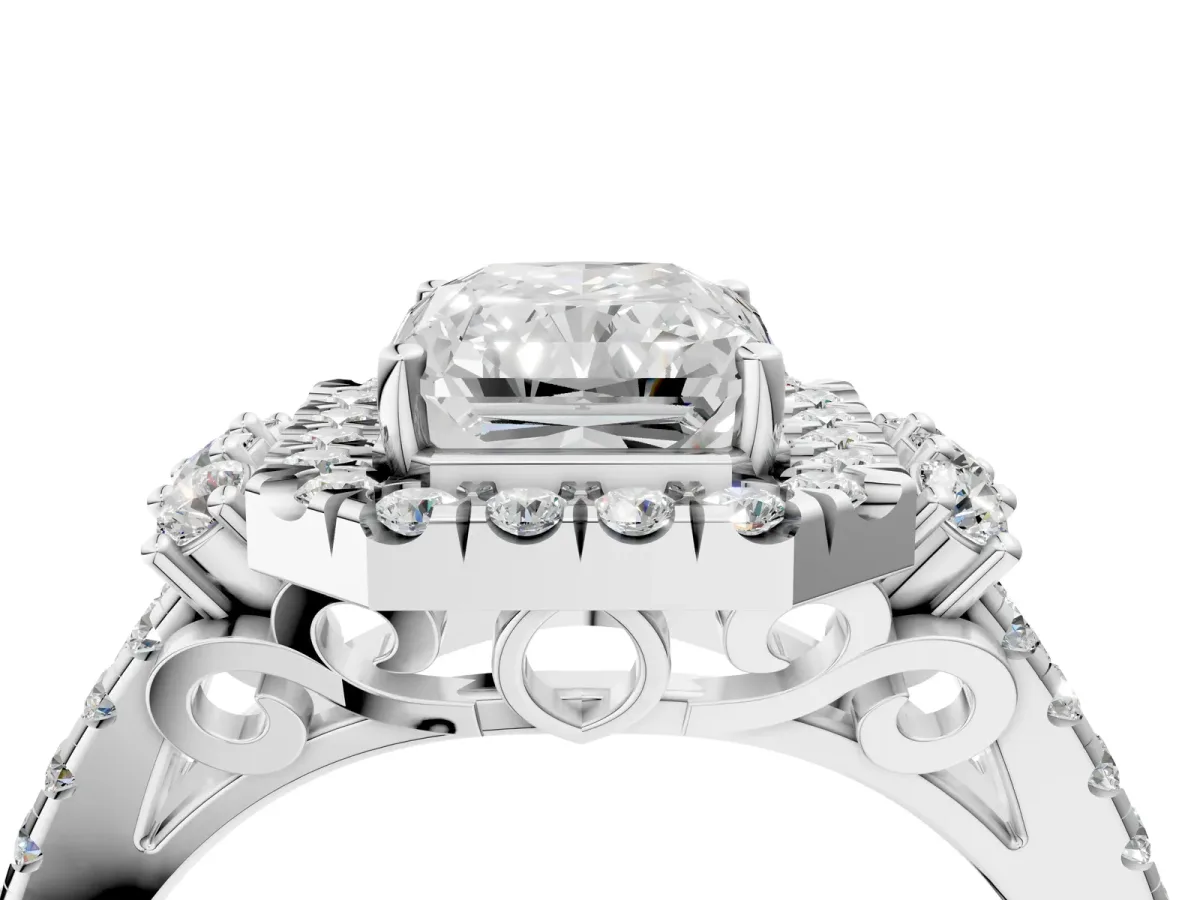 Radiant Cut Cut Double Halo Diamond Engagement Ring with Pave Band and Four-Prong Setting Platinum