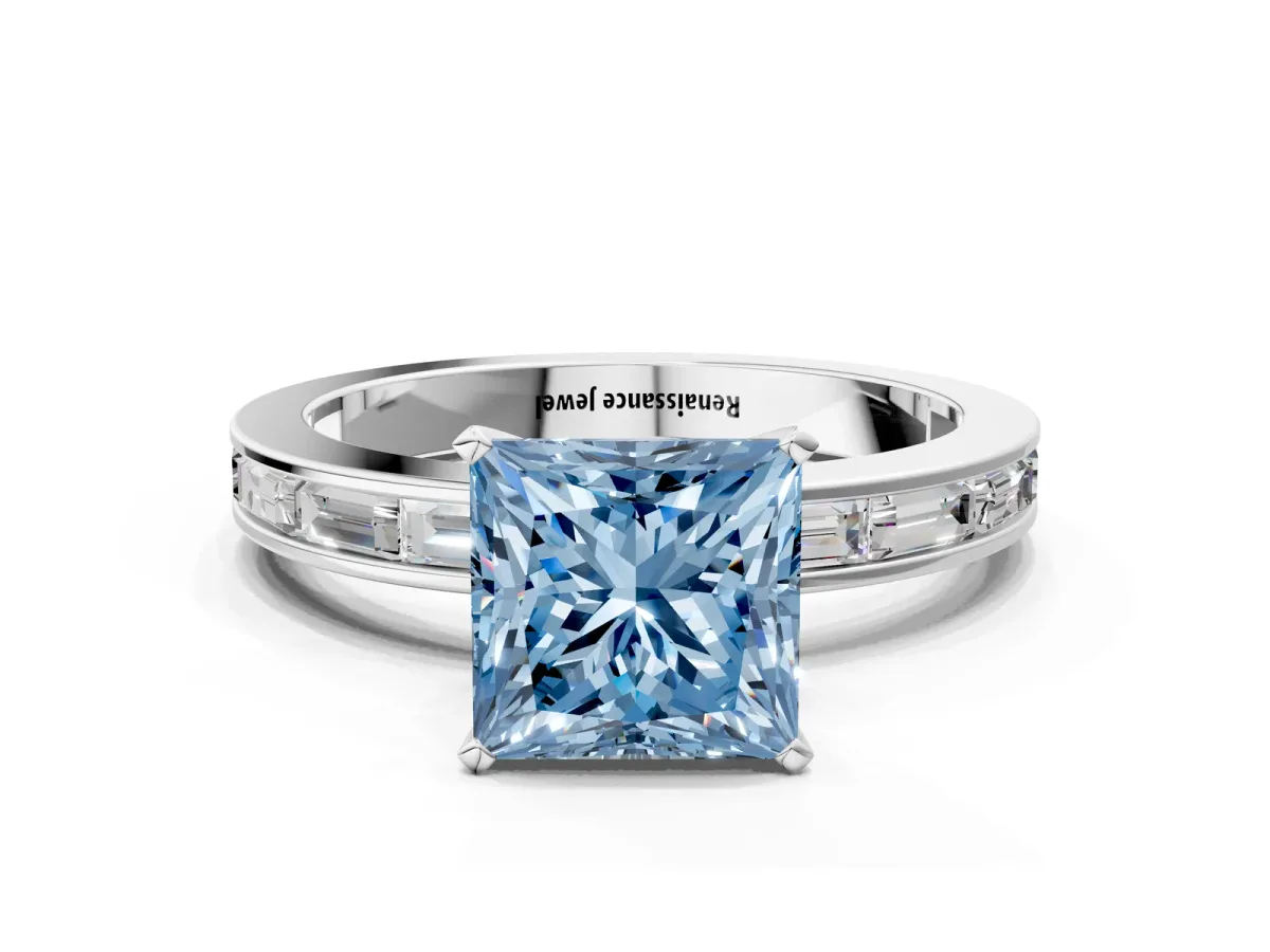 Fancy Blue Princess Cut Solitaire Diamond Ring with Channel-Set Baguette Band and Four-Prong Setting White gold