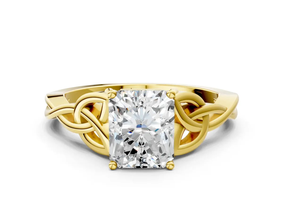Radiant Cut Diamond Solitaire Engagement Ring with Celtic Knot Band and Four-Prong Setting Yellow gold