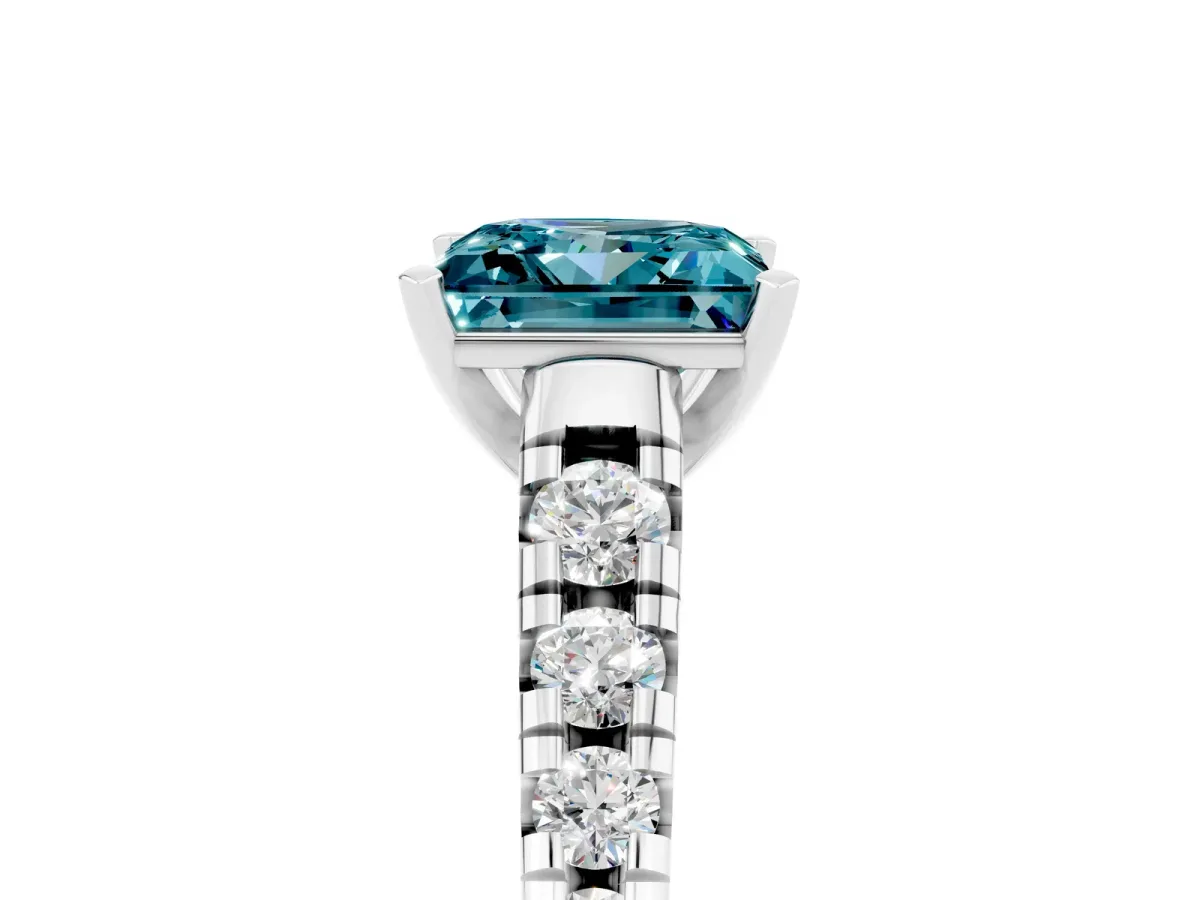 Princess Cut Blue Topaz Cathedral Solitaire Ring with Round Pavé Band Platinum