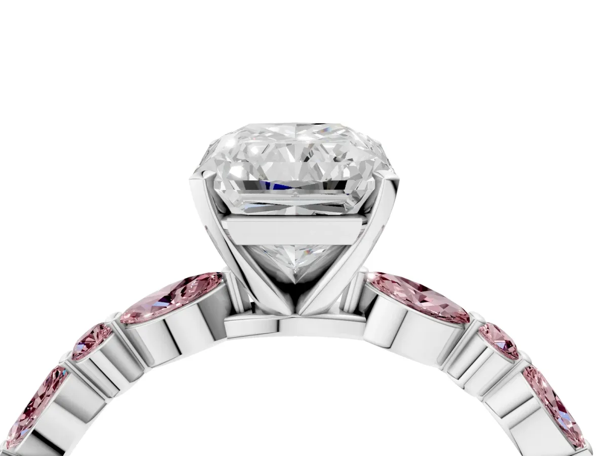Radiant Cut Diamond Ring with Marquise and Round Morganite Side Stones and Four-Prong Setting White gold