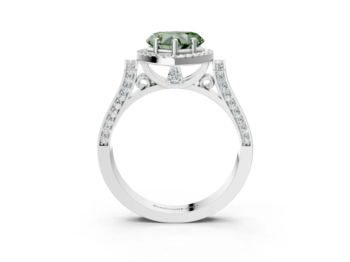 Fancy Green Heart Cut Halo Pave Split Shank Prong Setting Ring Platinum