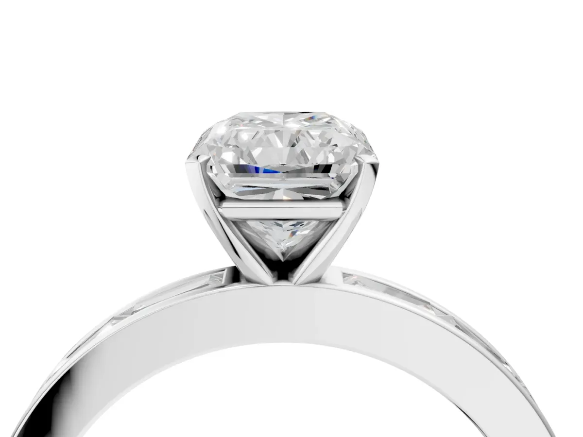 Radiant Cut Solitaire Diamond Ring with Channel-Set Baguette Band and Four-Prong Setting White gold