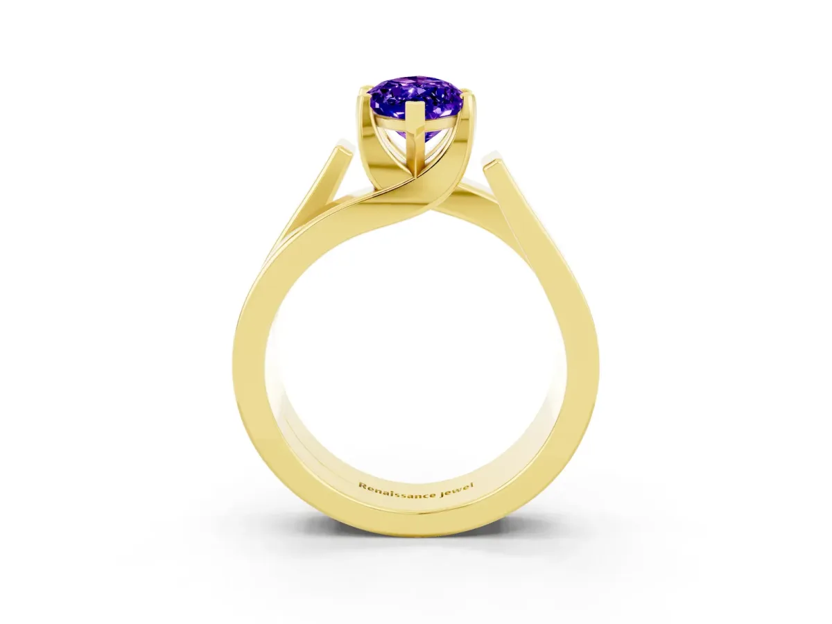 Modern Tension Set Marquise Cut Tanzanite Solitaire Wide Band Ring Yellow gold