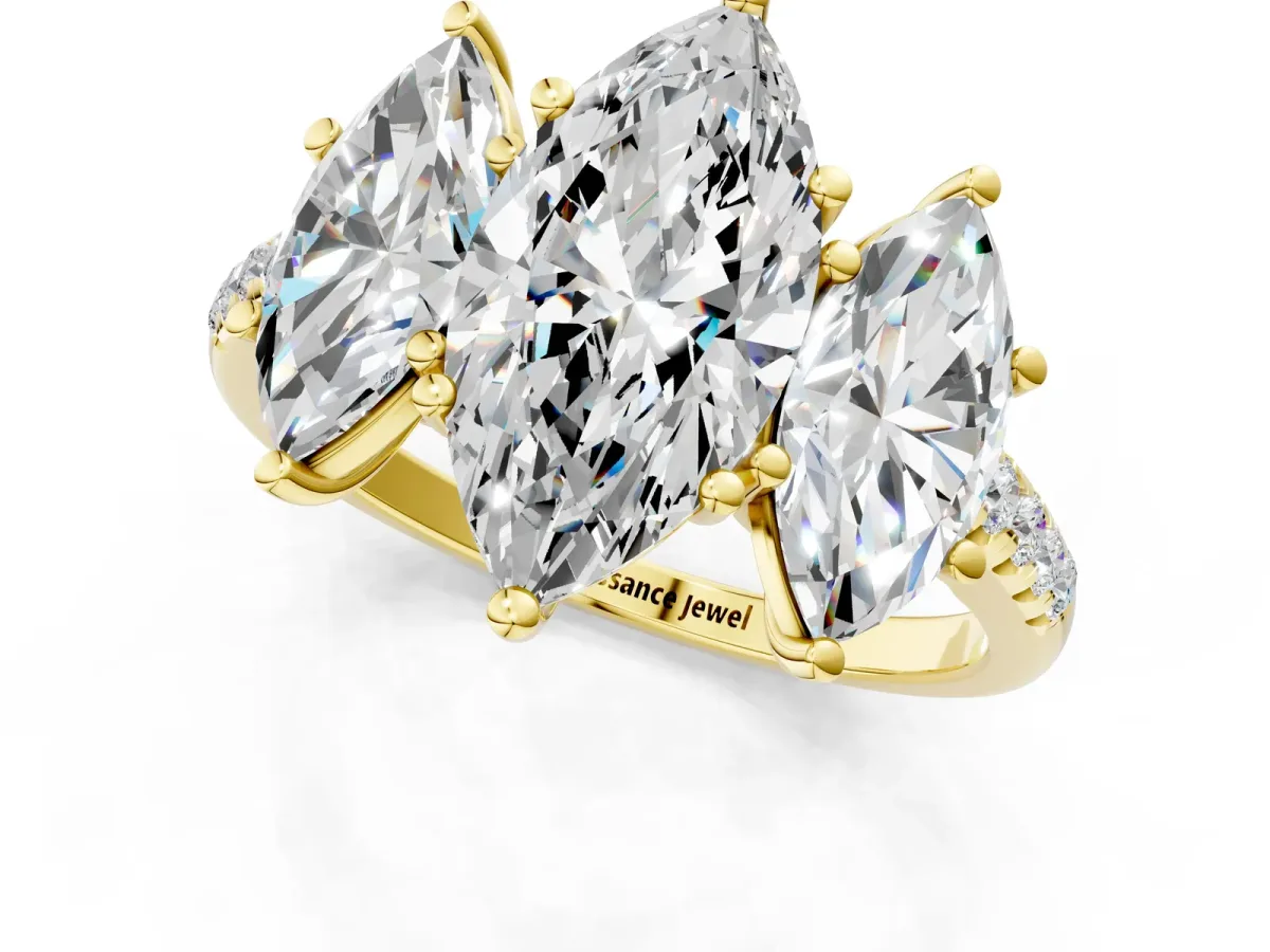 Three-Stone Marquise Cut Diamond Ring with Round Moissanite Pavé Band and Prong Setting Yellow gold