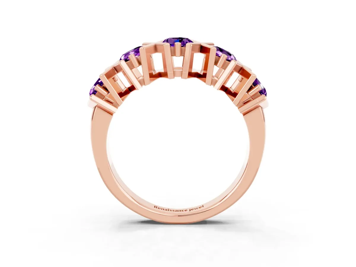 Round Amethyst Channel Set Band with X-Prong Detail Rose gold