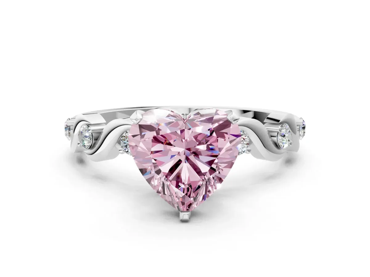 Fancy Pink Heart Cut Diamond Solitaire Twisted Band with Round Accents and Prong Setting White gold