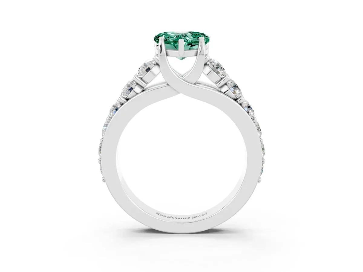 Heart Cut Green Sapphire Engagement Ring with Pavé Band and Four-Prong Setting White gold