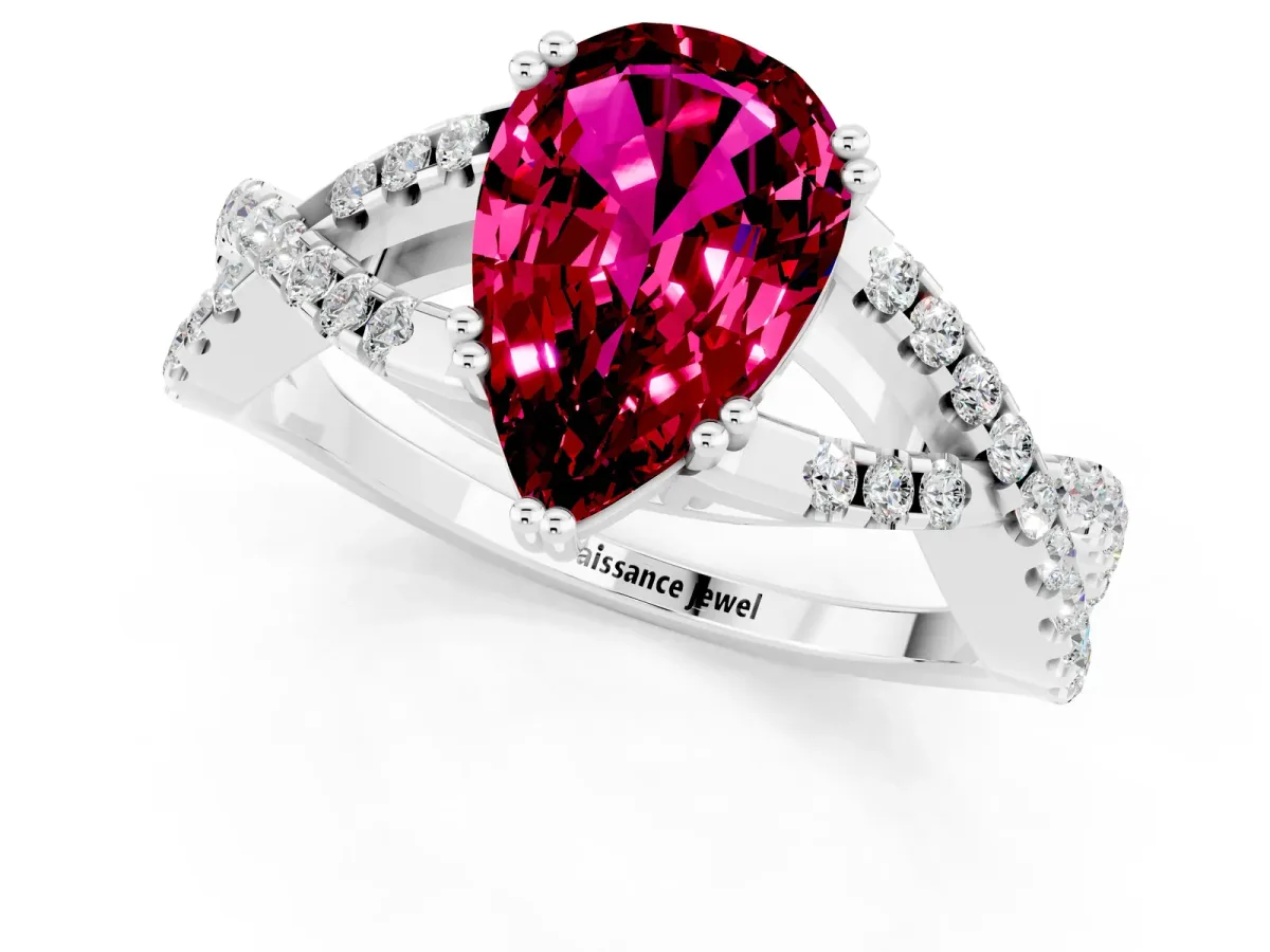 Pear Cut Garnet Solitaire Ring with Four-Prong Setting and Twisted Pavé Band Platinum