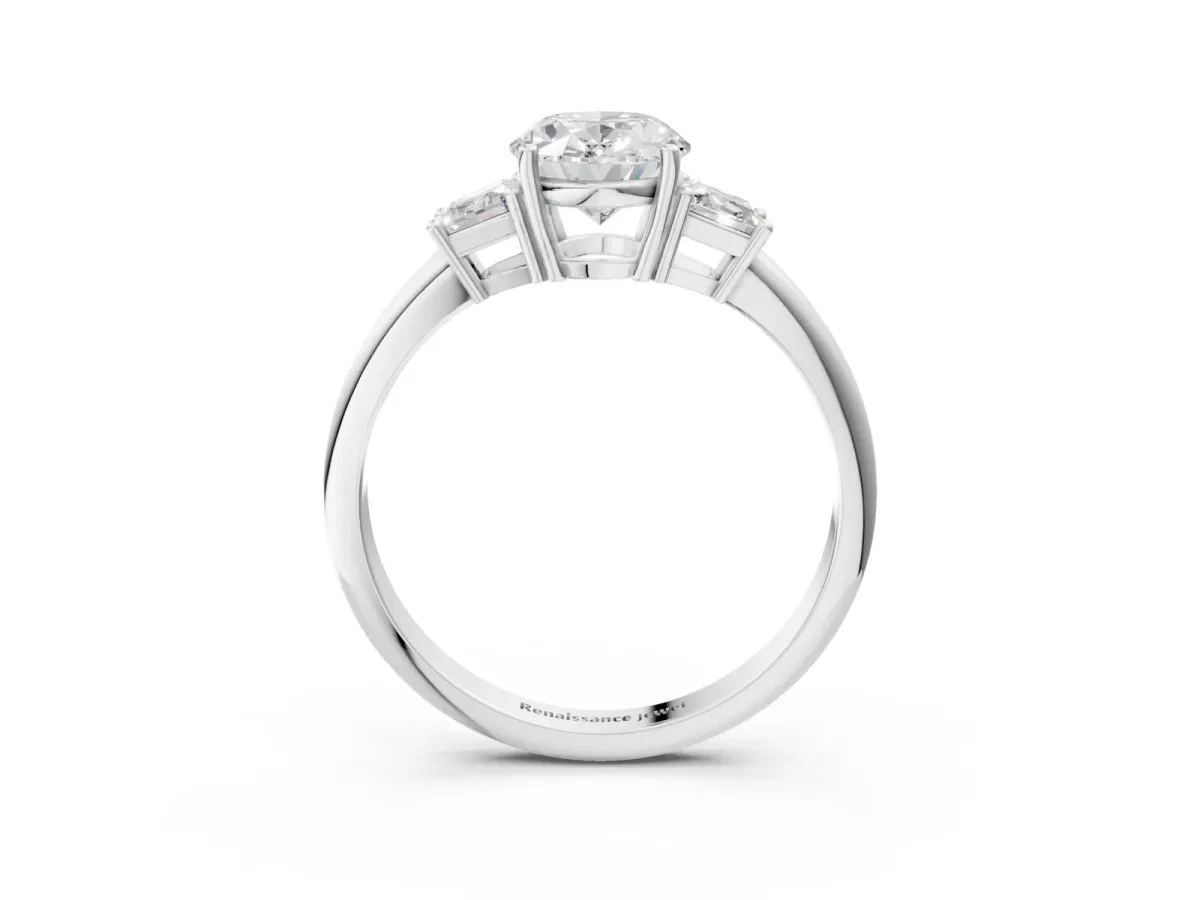 Oval Cut Diamond Three-Stone Ring with Trapezoid Side Stones and Prong Setting Platinum