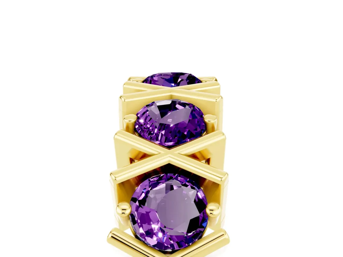 Round Amethyst Channel Set Band with X-Prong Detail Yellow gold