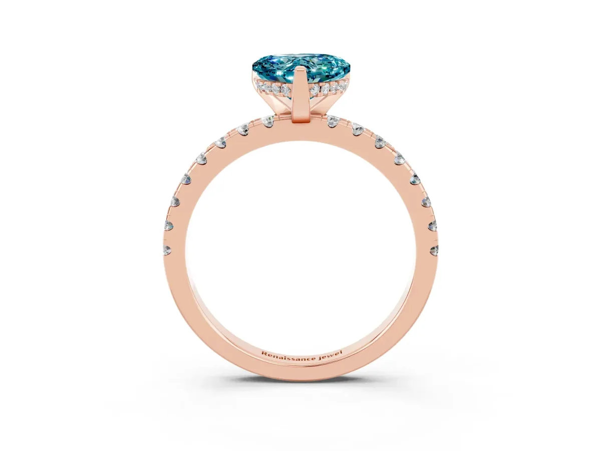 Heart Cut Blue Topaz Solitaire Ring with Round Pavé Band and Four-Prong Setting Rose gold
