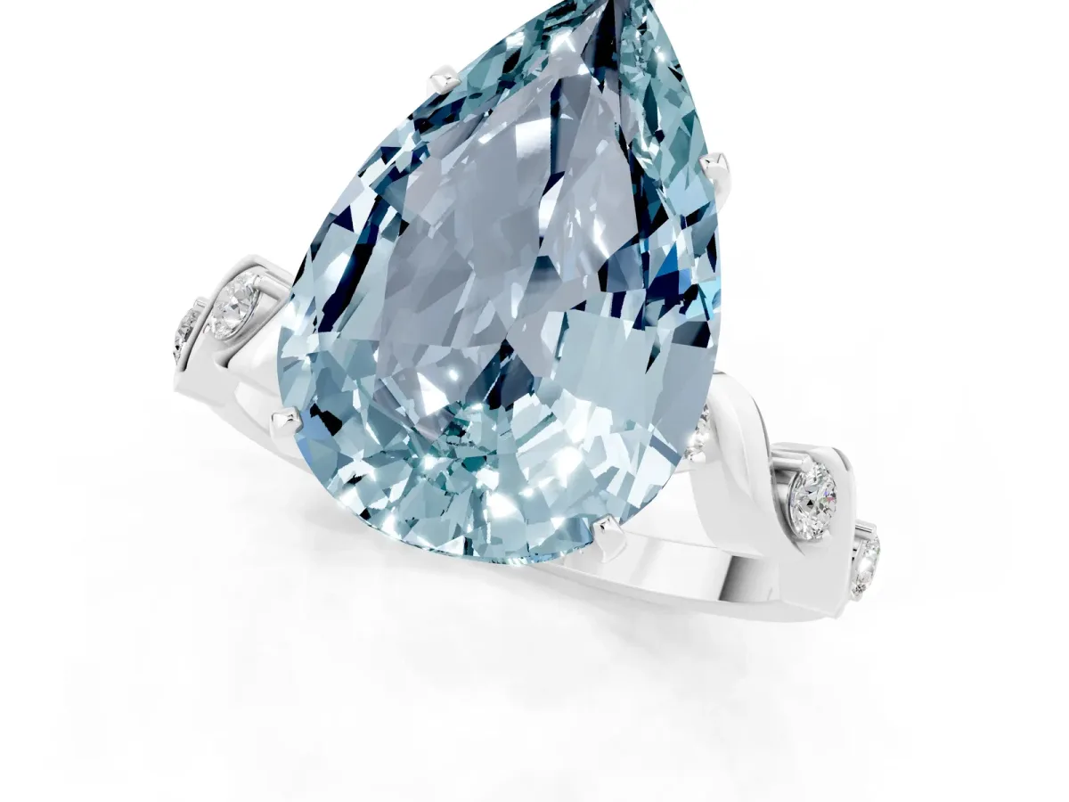 Pear Cut Aquamarine Solitaire Twisted Band with Round Accents and Prong Setting White gold
