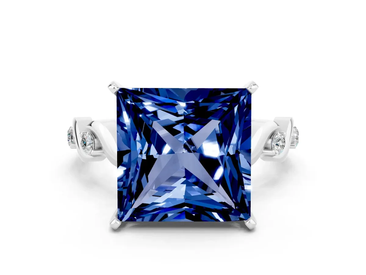 Princess Cut Blue Sapphire Solitaire Twisted Band with Round Accents and Prong Setting White gold