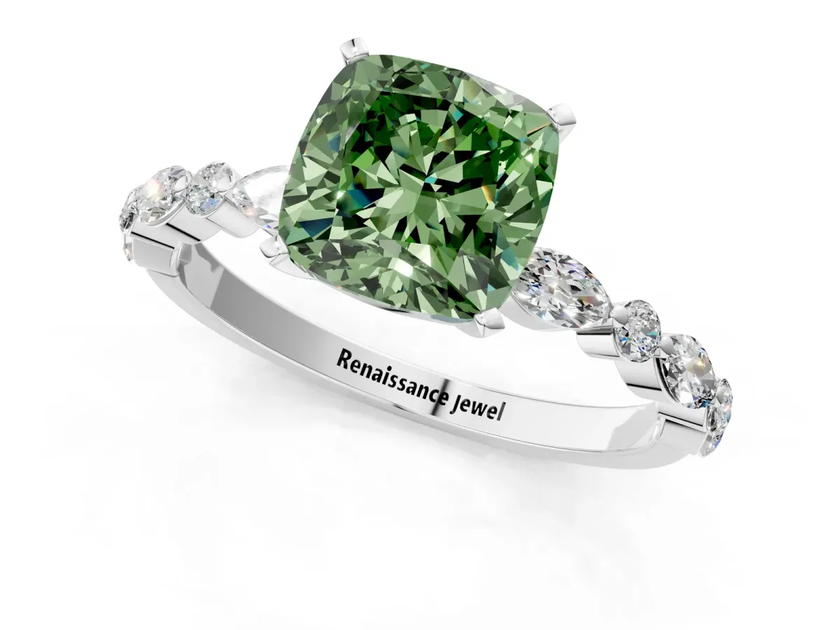 Fancy Green Cushion Cut Diamond Ring with Marquise and Round Side Stones and Four-Prong Setting White gold