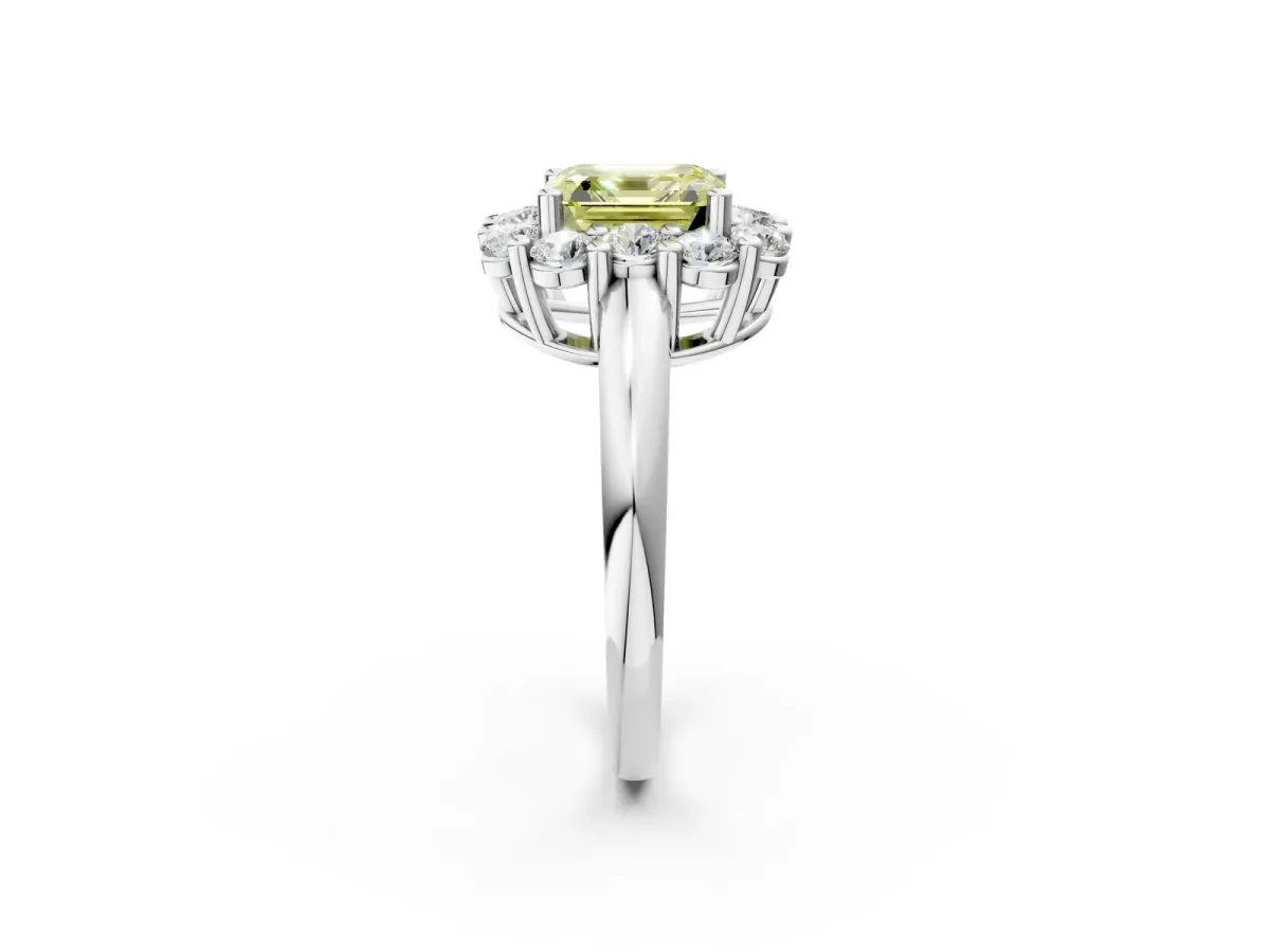 Fancy Yellow Asscher Cut Halo Cluster Diamond Engagement Ring with Prong Setting and Polished Band Platinum