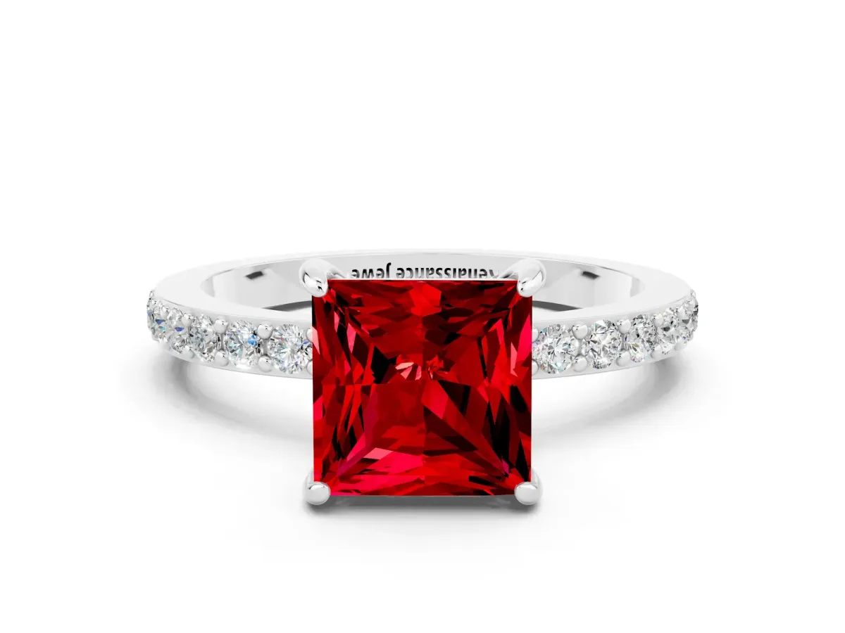 Princess Cut Ruby Solitaire Engagement Ring with Pavé Band and Four-Prong Setting White gold