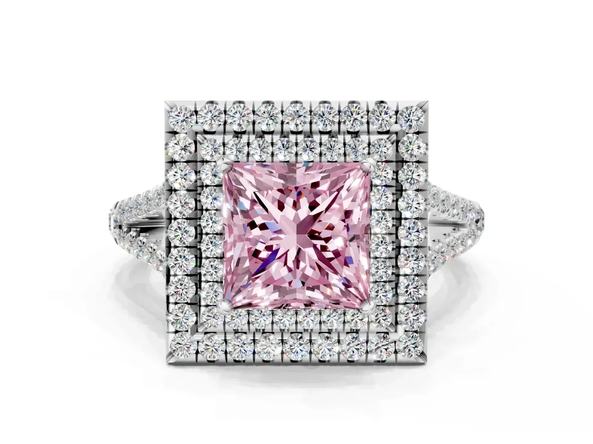 Fancy Pink Princess Cut Diamond Double Halo Ring with Pavé Band and Prong Setting White gold
