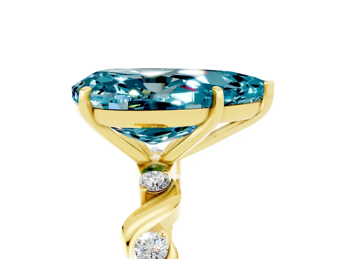 Pear Cut Blue Topaz Solitaire Twisted Band with Round Accents and Prong Setting Yellow gold