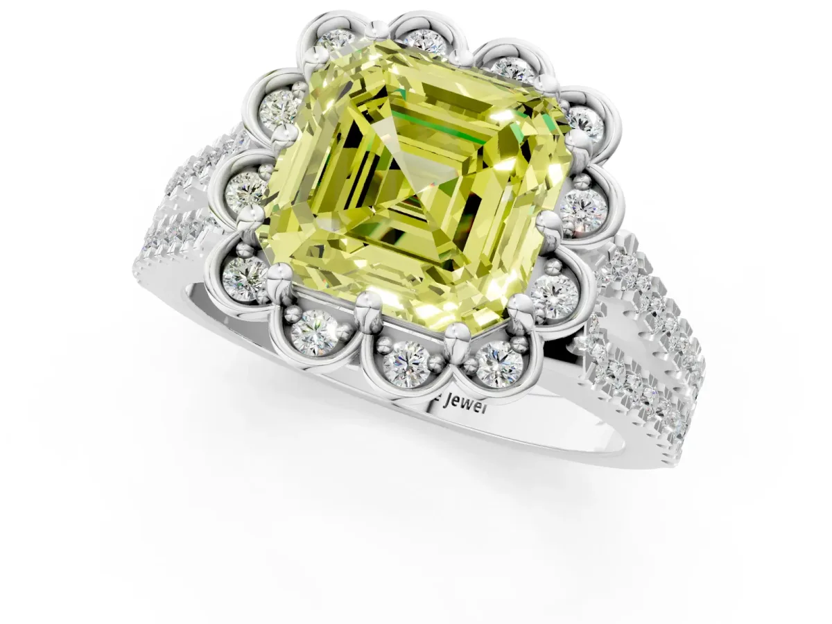 Fancy Yellow Asscher Cut Halo Diamond Floral Split Shank Engagement Ring Platinum