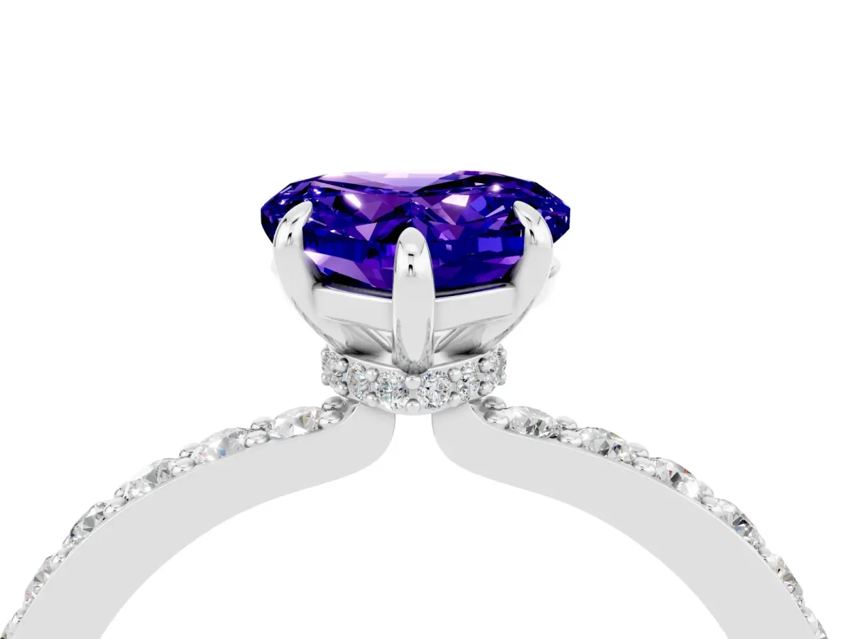 Heart Cut Tanzanite Solitaire Engagement Ring with Pavé Band and Four-Prong Setting White gold