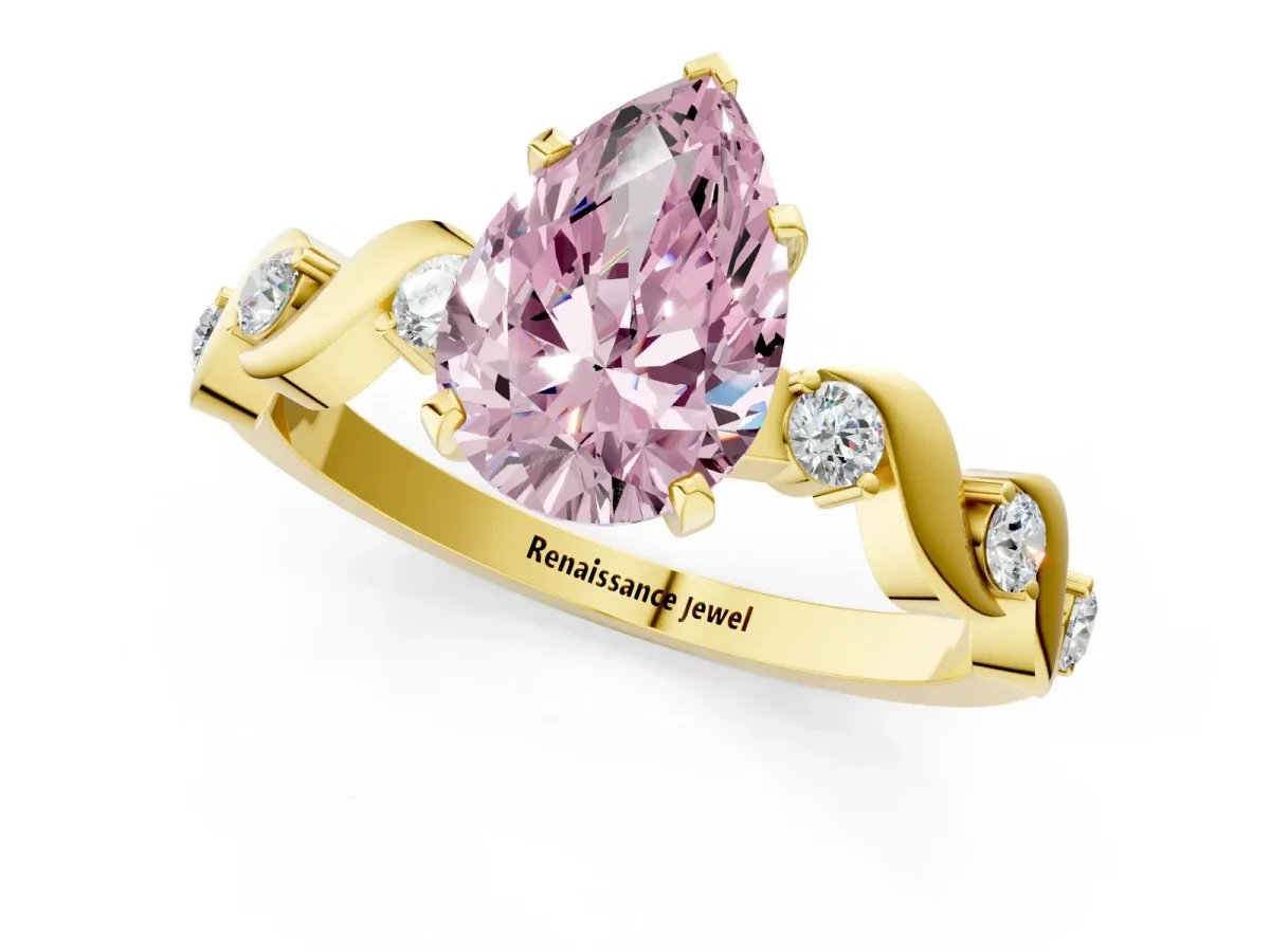 Fancy Pink Pear Cut Diamond Solitaire Twisted Band with Round Accents and Prong Setting Yellow gold