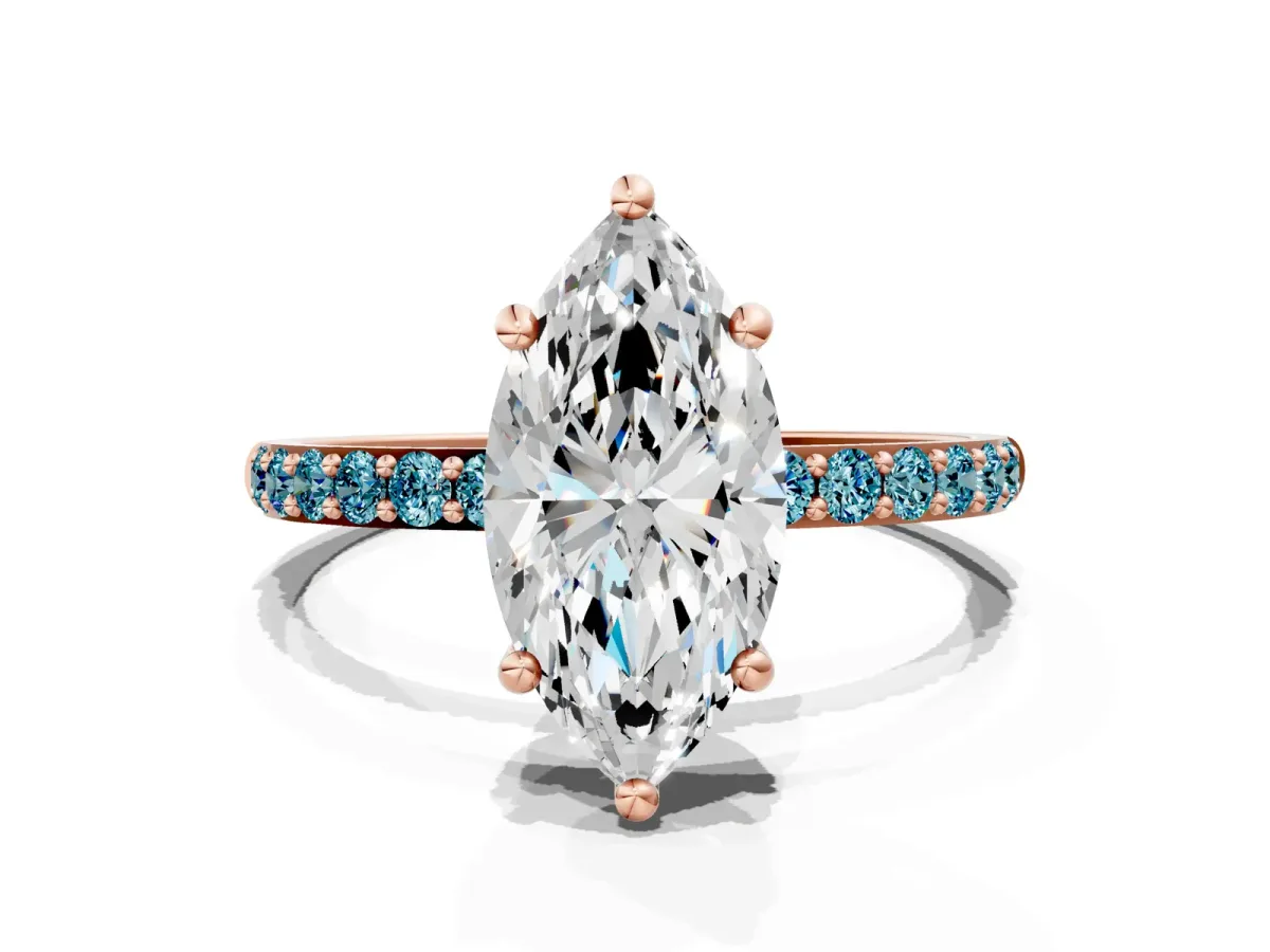 Marquise Cut Diamond Solitaire Ring with Round Blue Topaz Pavé Band and Prong Setting Rose gold