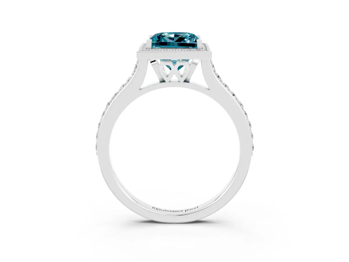 Princess Cut Blue Topaz Halo Engagement Ring with Round Pavé Shoulders and Prong Setting Silver