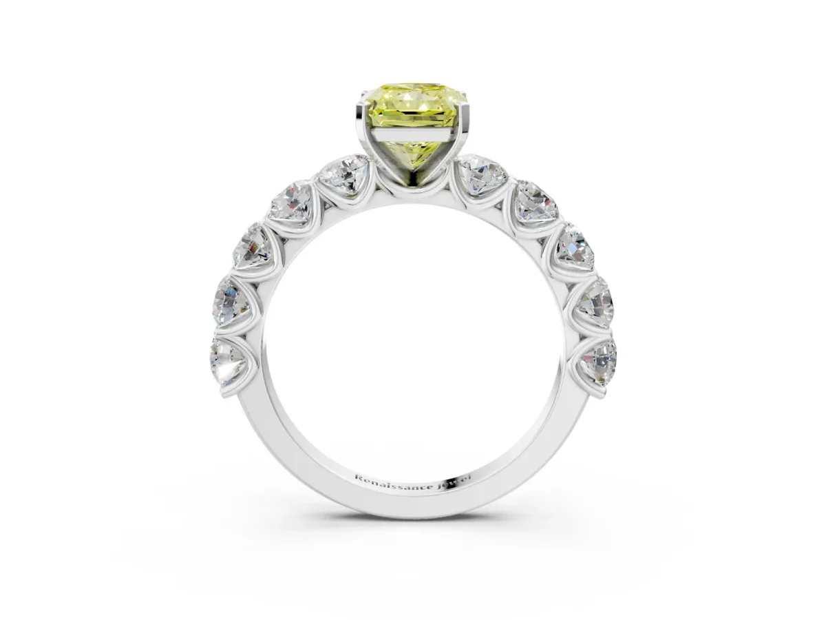 Fancy Yellow Radiant Cut Diamond Prong Setting with Side Stones on a Pave Band Silver