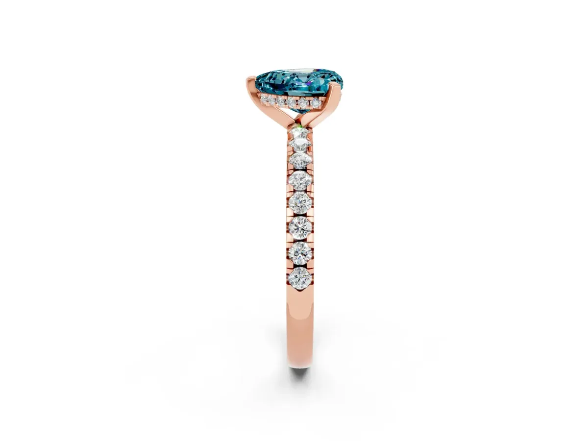 Heart Cut Blue Topaz Solitaire Ring with Round Pavé Band and Four-Prong Setting Rose gold