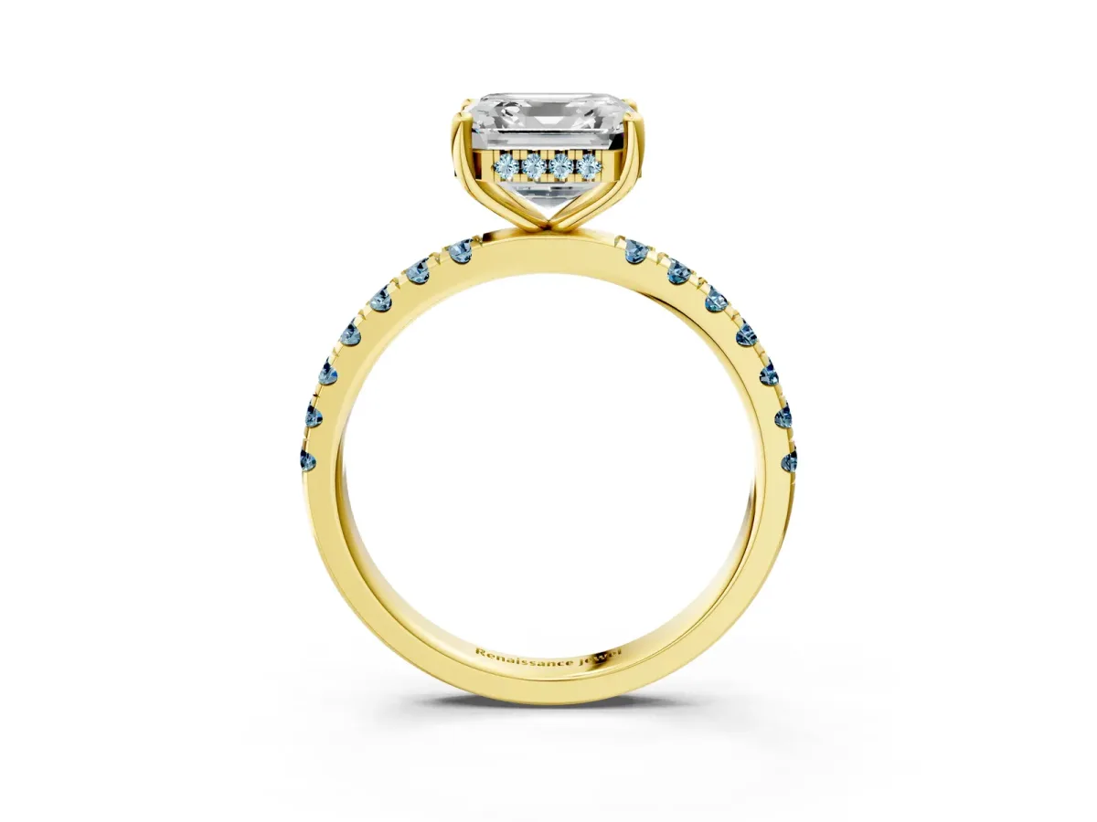Asscher Cut Diamond Pave Band Solitaire Ring with Round Aquamarine and Prong Setting Yellow gold