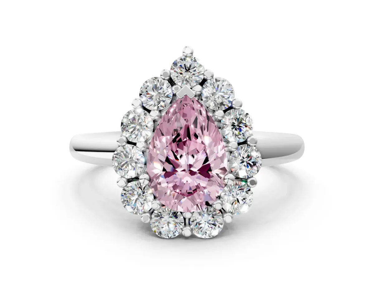 Fancy Pink Pear Cut Halo Cluster Diamond Engagement Ring with Prong Setting and Polished Band White gold