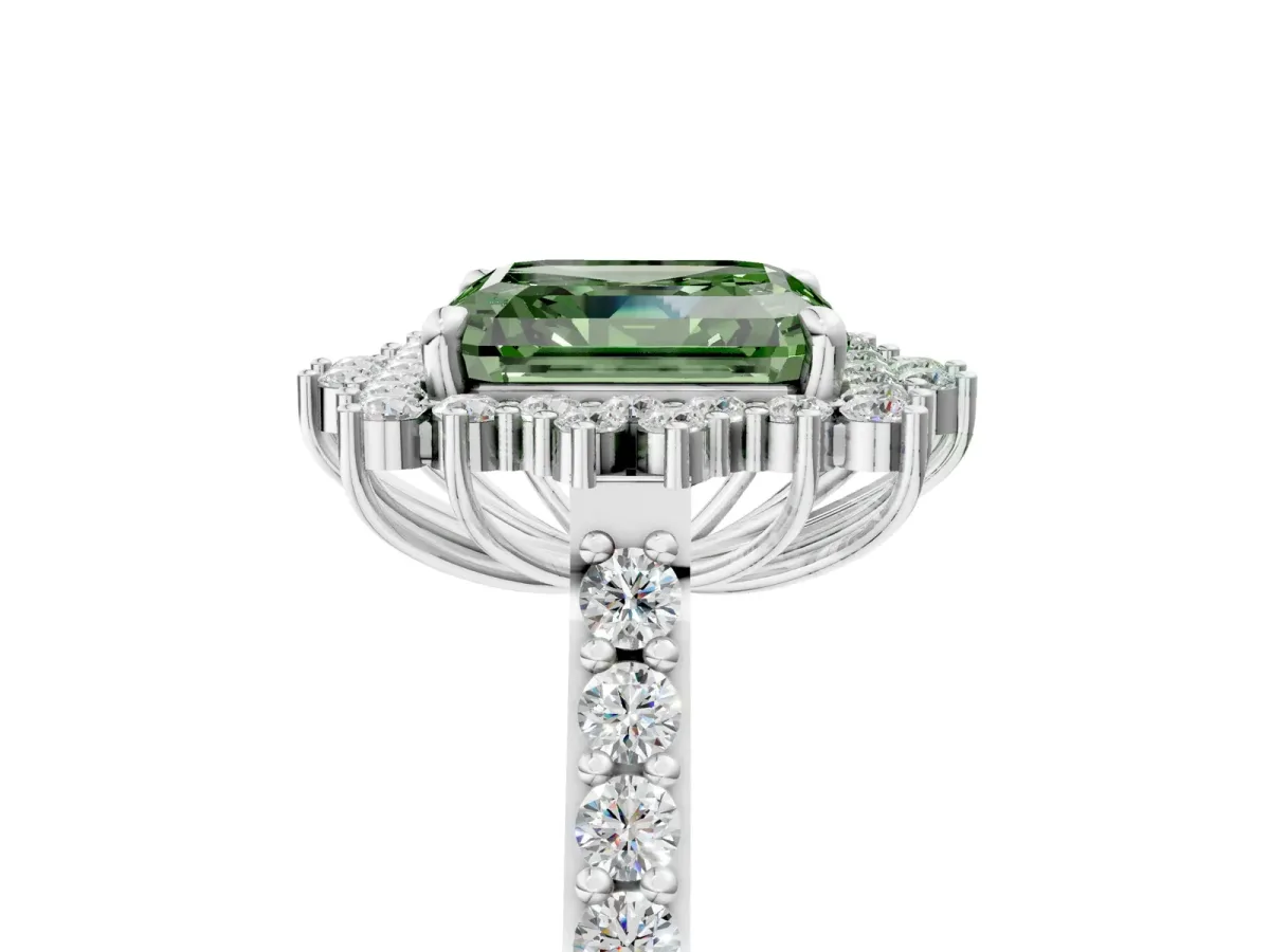 Fancy Green Asscher Cut Cut Diamond Sunburst Halo Engagement Ring with Pavé Band Platinum
