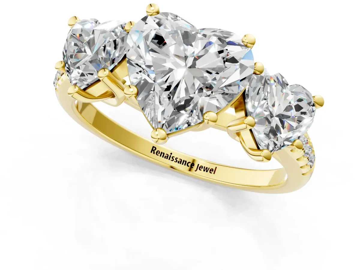 Three-Stone Heart Cut Diamond Ring with Round Moissanite Pavé Band and Prong Setting Yellow gold