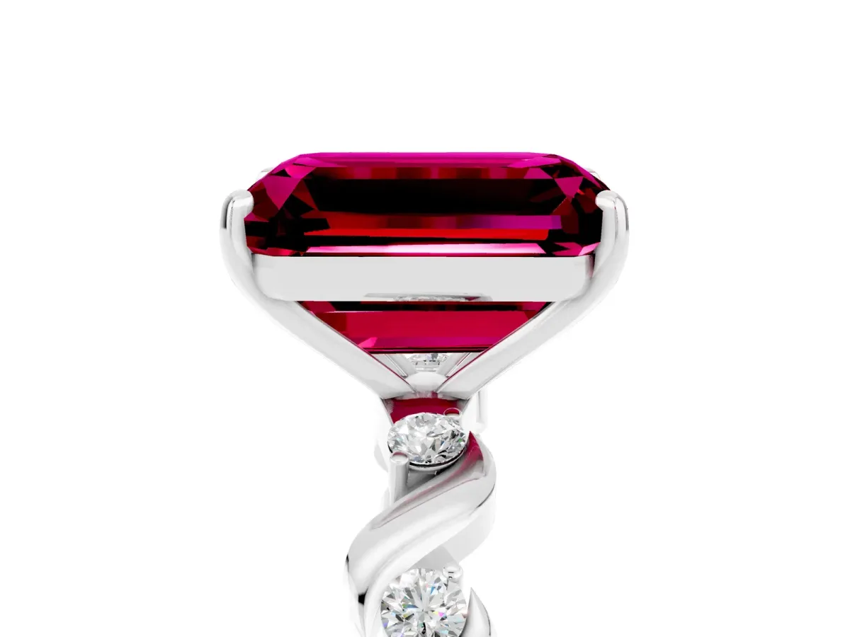 Emerald Cut Garnet Solitaire Twisted Band with Round Accents and Prong Setting Silver