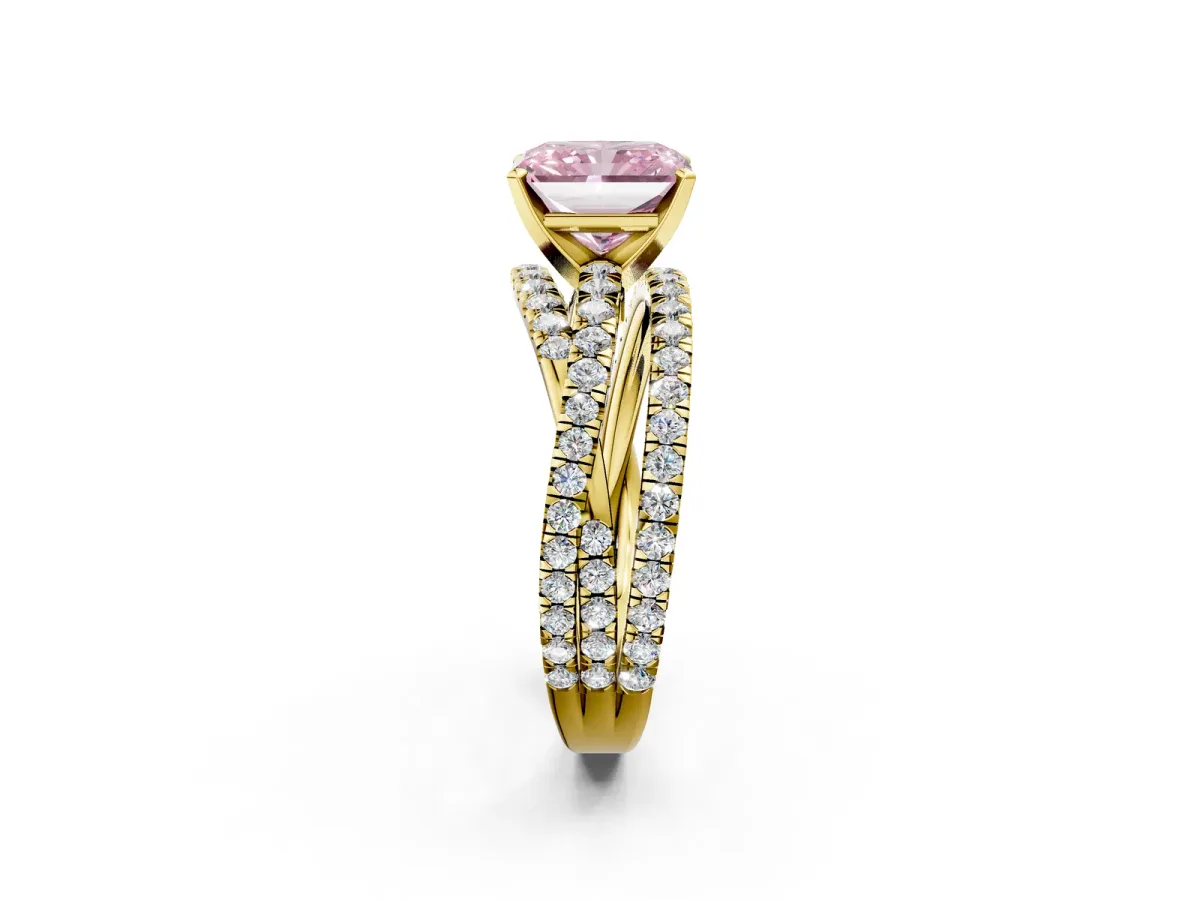Fancy Pink Radiant Cut Solitaire Twist Band with Pavé Setting and Four-Prong Setting Yellow gold