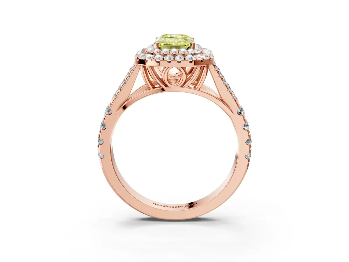 Fancy Yellow Emerald Cut Diamond Double Halo Ring with Split Shank and Prong Setting Rose gold