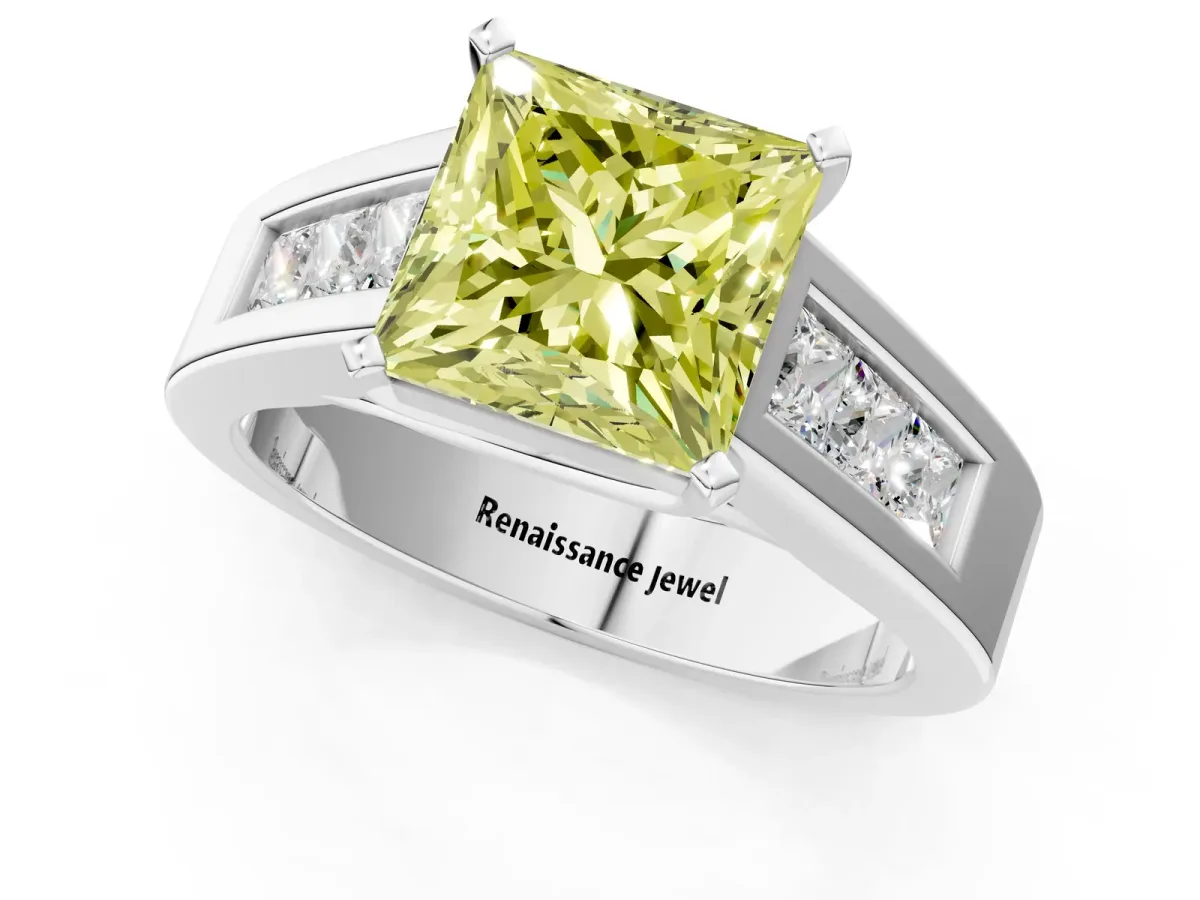 Fancy Yellow Princess Cut Cut Channel Set Solitaire Ring with Four-Prong Setting Platinum