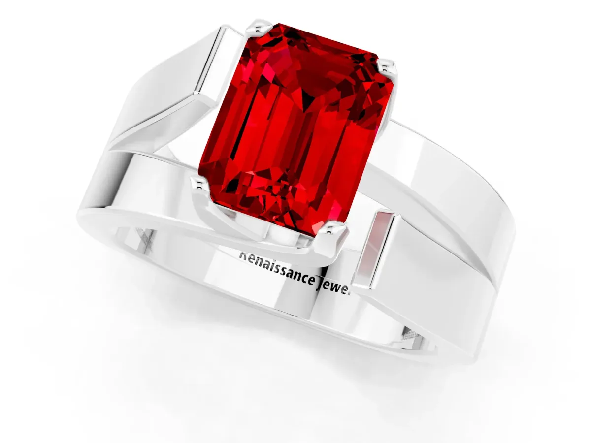 Modern Tension Set Emerald Cut Ruby Solitaire Wide Band Ring Silver