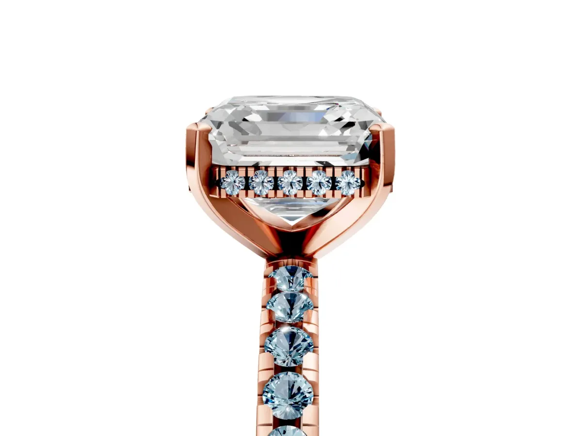 Asscher Cut Diamond Solitaire Ring with Round Aquamarine Pavé Band and Four-Prong Setting Rose gold