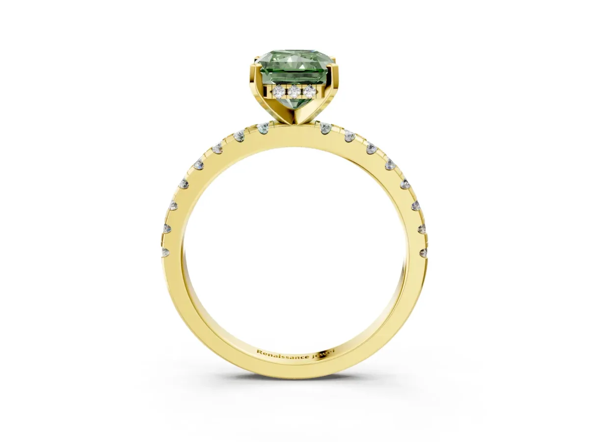 Fancy Green Radiant Cut Diamond Solitaire Ring with Round Pavé Band and Four-Prong Setting Yellow gold