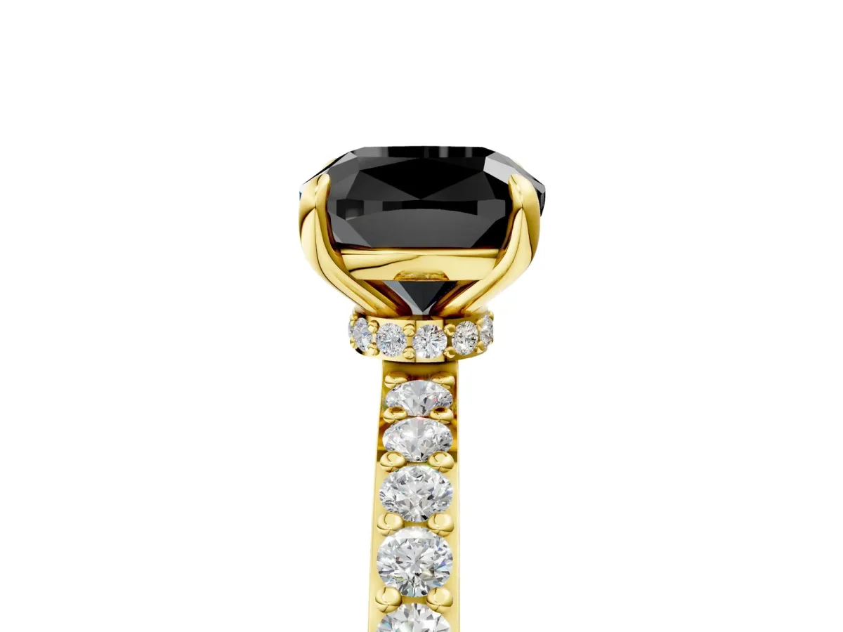Fancy Black Cushion Cut Diamond Solitaire Engagement Ring with Pavé Band and Four-Prong Setting Yellow gold