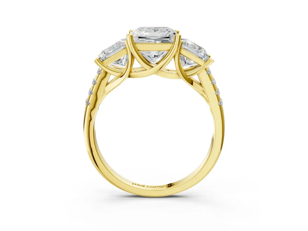 Three-Stone Princess Cut Diamond Ring with Round Moissanite Pavé Band and Prong Setting Yellow gold