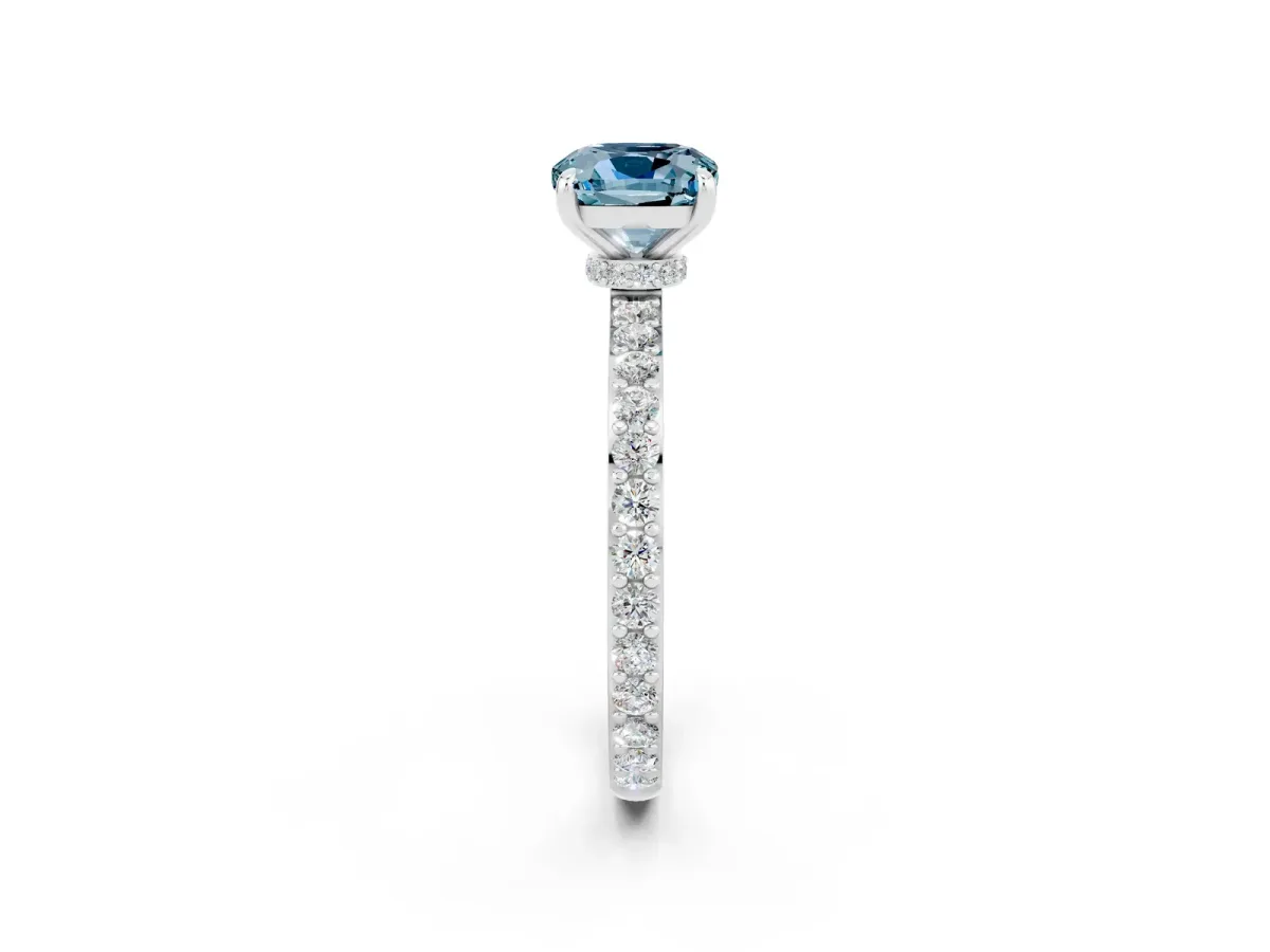 Cushion Cut Aquamarine Pavé Engagement Ring with Round Accents and Prong Setting Platinum