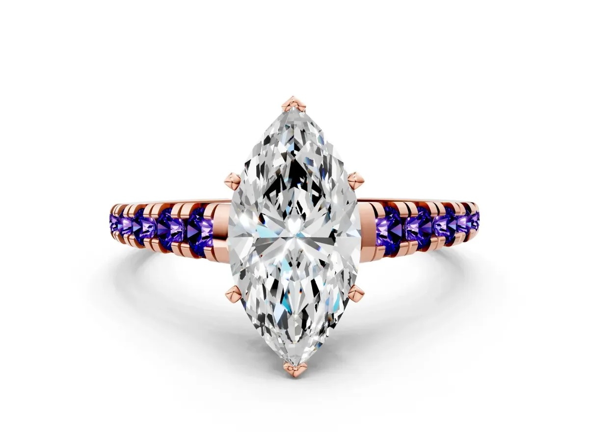 Marquise Cut Diamond Cathedral Solitaire Ring with Round Tanzanite Pavé Band Rose gold