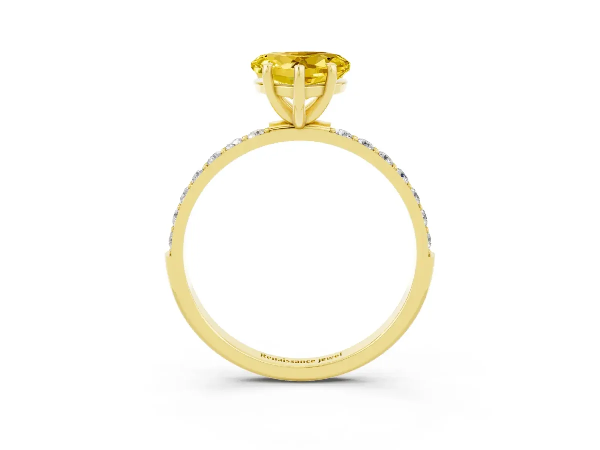 Heart Cut Yellow Sapphire Solitaire Ring with Round Pavé Band and Prong Setting Yellow gold