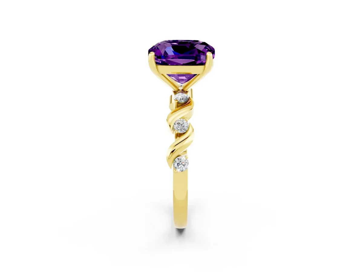 Cushion Cut Amethyst Solitaire Twisted Band with Round Accents and Prong Setting Yellow gold