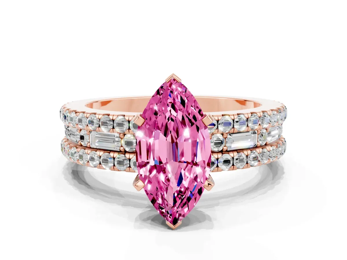 Marquise Cut Pink Sapphire Solitaire Ring with Pavé and Channel Set Band Rose gold