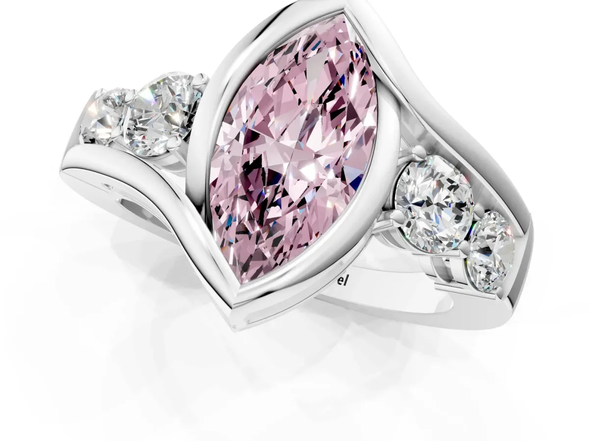 Fancy Pink Bezel Set Marquise Cut Diamond Bypass Ring with Round Accents Platinum